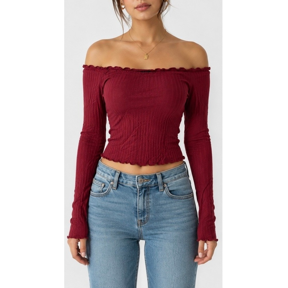 Women's Burgundy Off Shoulder Long Sleeve Ruched Crop Top Ruffle Hem Size M